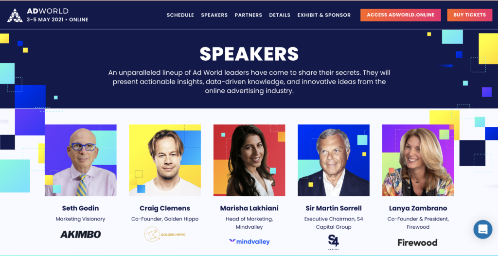 The Ad World Conference 2021 website featuring prominent speakers