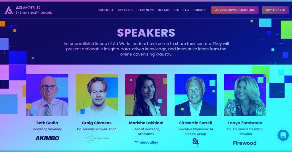 Ad Works Conference 2021 website featuring prominent speakers